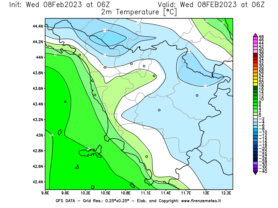 Mappa di analisi GFS - Temperatura a 2 metri dal suolo [°C] in Toscana
							del 08/02/2023 06 <!--googleoff: index-->UTC<!--googleon: index-->