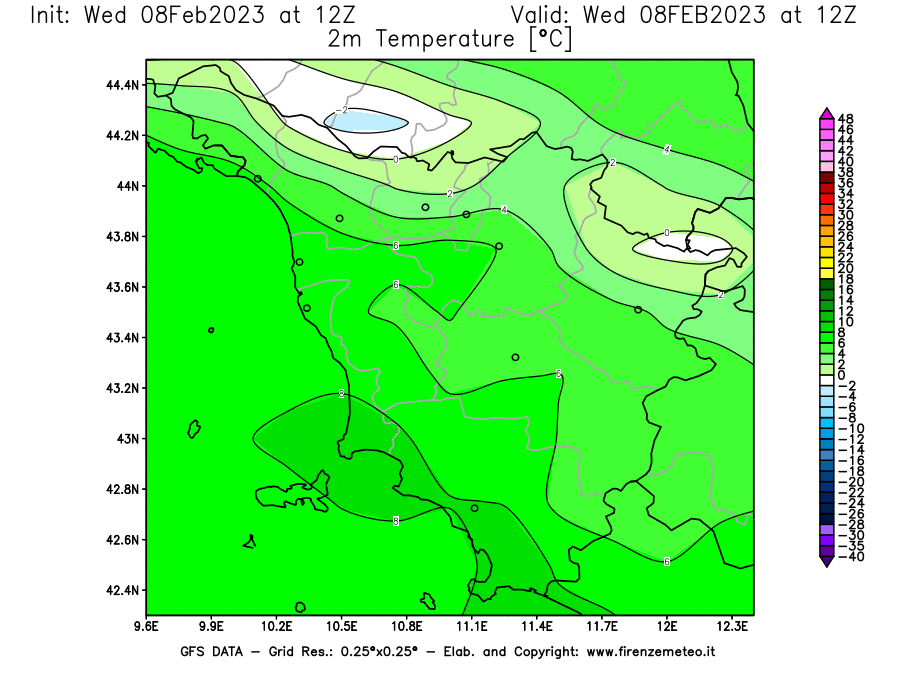 Mappa di analisi GFS - Temperatura a 2 metri dal suolo [°C] in Toscana
							del 08/02/2023 12 <!--googleoff: index-->UTC<!--googleon: index-->
