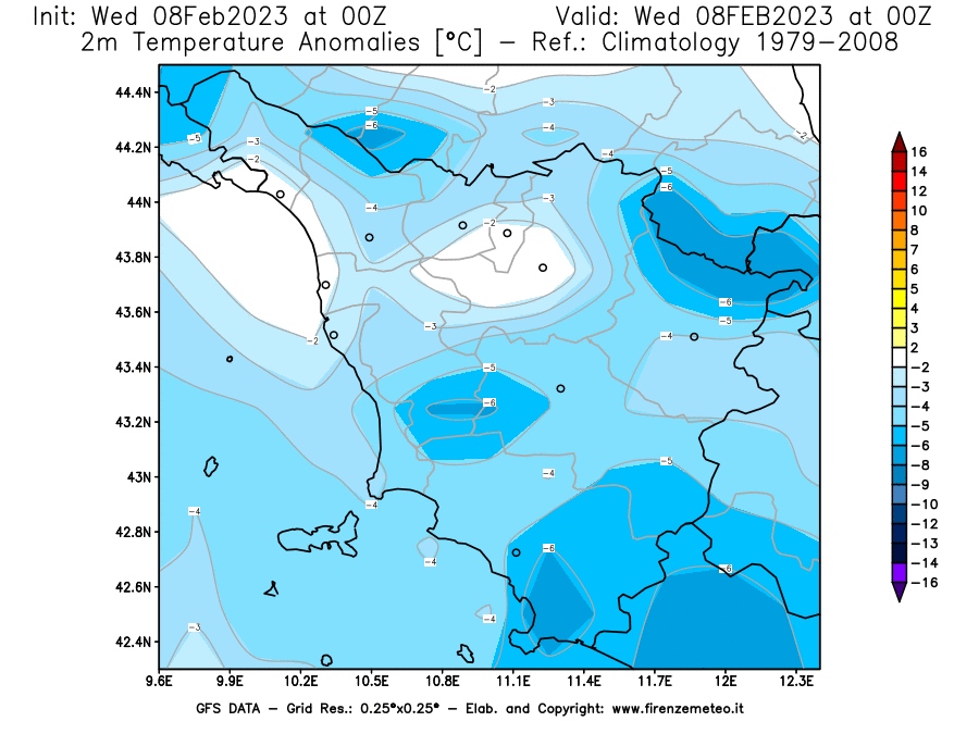 Mappa di analisi GFS - Anomalia Temperatura [°C] a 2 m in Toscana
							del 08/02/2023 00 <!--googleoff: index-->UTC<!--googleon: index-->