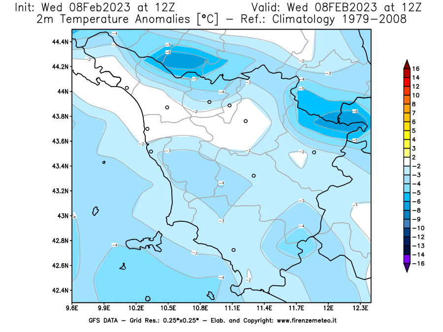 Mappa di analisi GFS - Anomalia Temperatura [°C] a 2 m in Toscana
							del 08/02/2023 12 <!--googleoff: index-->UTC<!--googleon: index-->