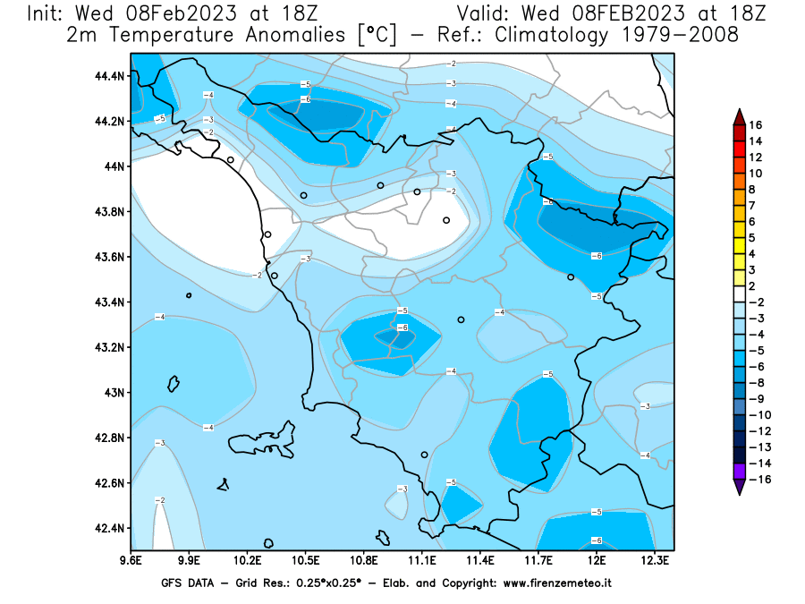 Mappa di analisi GFS - Anomalia Temperatura a 2 m in Toscana
							del 8 febbraio 2023 z18