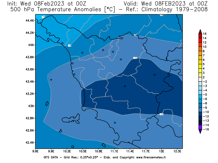 Mappa di analisi GFS - Anomalia Temperatura [°C] a 500 hPa in Toscana
							del 08/02/2023 00 <!--googleoff: index-->UTC<!--googleon: index-->