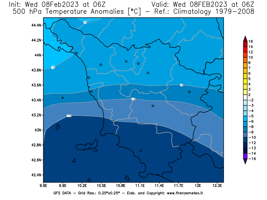 Mappa di analisi GFS - Anomalia Temperatura [°C] a 500 hPa in Toscana
							del 08/02/2023 06 <!--googleoff: index-->UTC<!--googleon: index-->