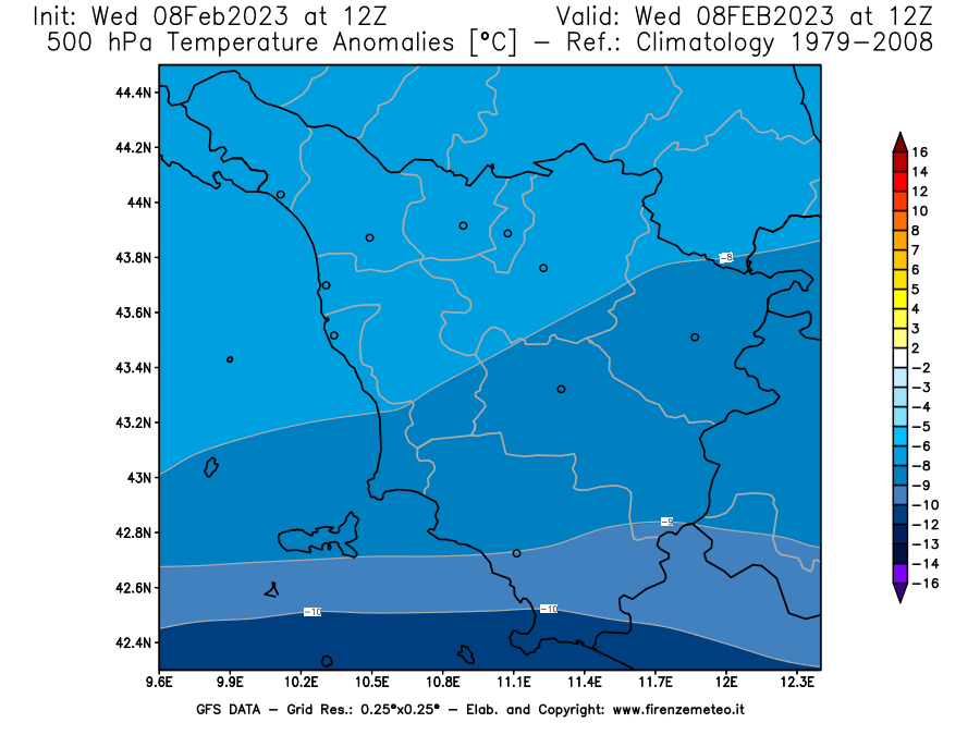 Mappa di analisi GFS - Anomalia Temperatura [°C] a 500 hPa in Toscana
							del 08/02/2023 12 <!--googleoff: index-->UTC<!--googleon: index-->