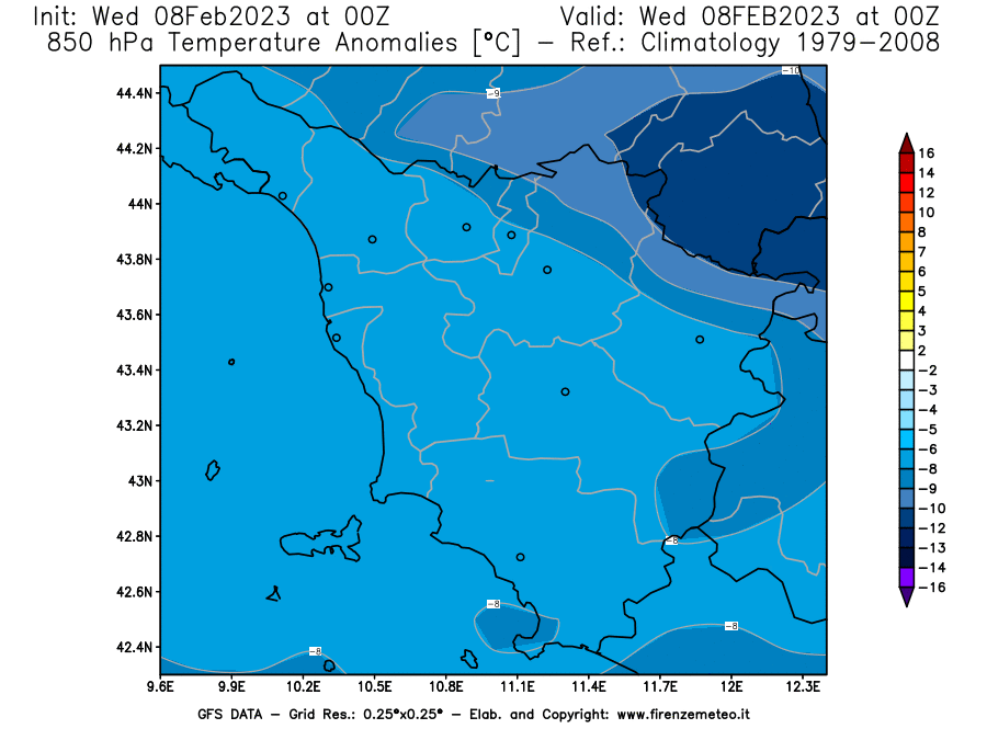 Mappa di analisi GFS - Anomalia Temperatura [°C] a 850 hPa in Toscana
							del 08/02/2023 00 <!--googleoff: index-->UTC<!--googleon: index-->