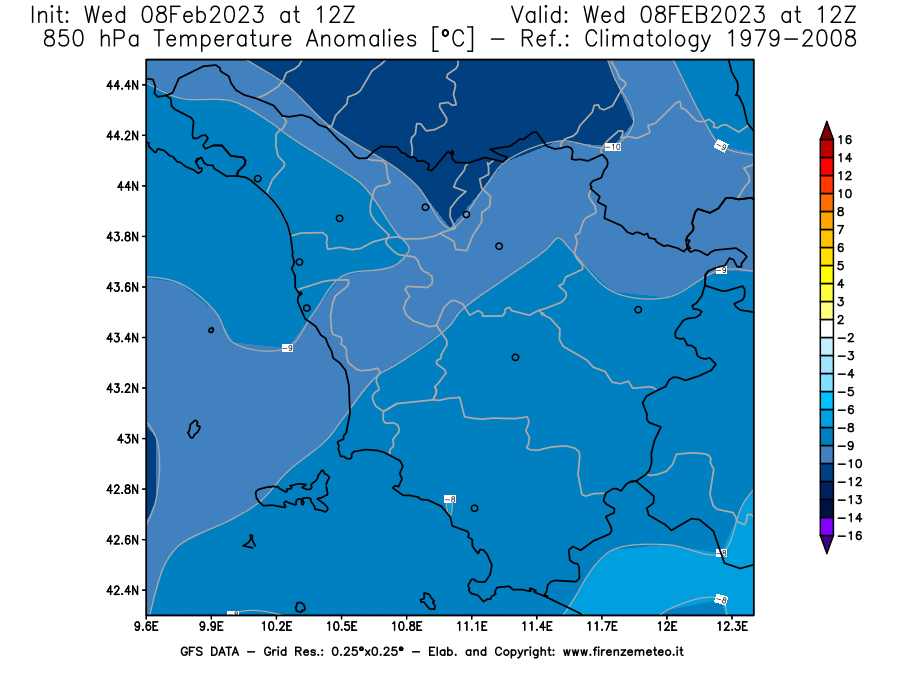 Mappa di analisi GFS - Anomalia Temperatura a 850 hPa in Toscana
							del 8 febbraio 2023 z12