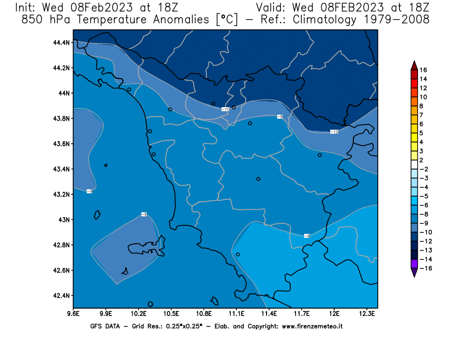 Mappa di analisi GFS - Anomalia Temperatura [°C] a 850 hPa in Toscana
							del 08/02/2023 18 <!--googleoff: index-->UTC<!--googleon: index-->