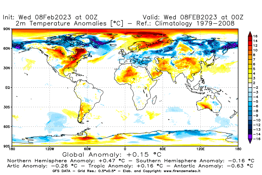 Mappa di analisi GFS - Anomalia Temperatura a 2 m in World
							del 8 febbraio 2023 z00