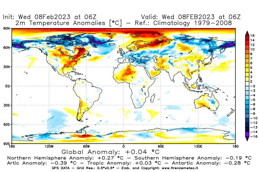 Mappa di analisi GFS - Anomalia Temperatura a 2 m in World
							del 8 febbraio 2023 z06