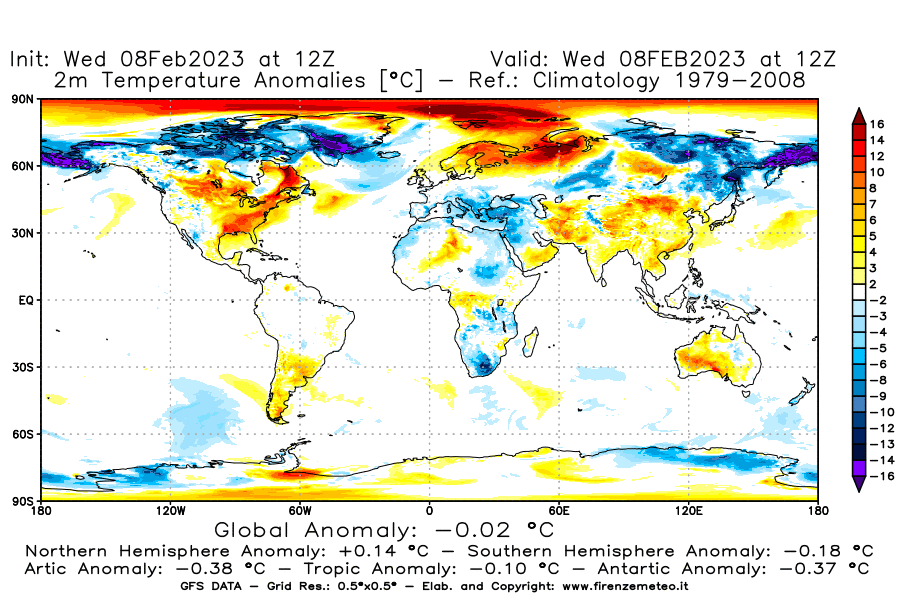 Mappa di analisi GFS - Anomalia Temperatura [°C] a 2 m in World
							del 08/02/2023 12 <!--googleoff: index-->UTC<!--googleon: index-->