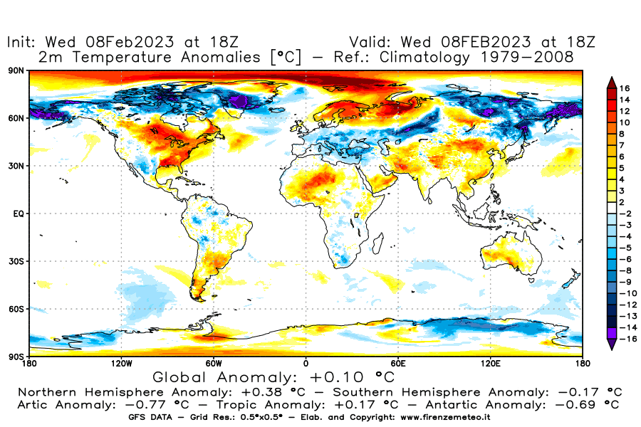 Mappa di analisi GFS - Anomalia Temperatura a 2 m in World
							del 8 febbraio 2023 z18
