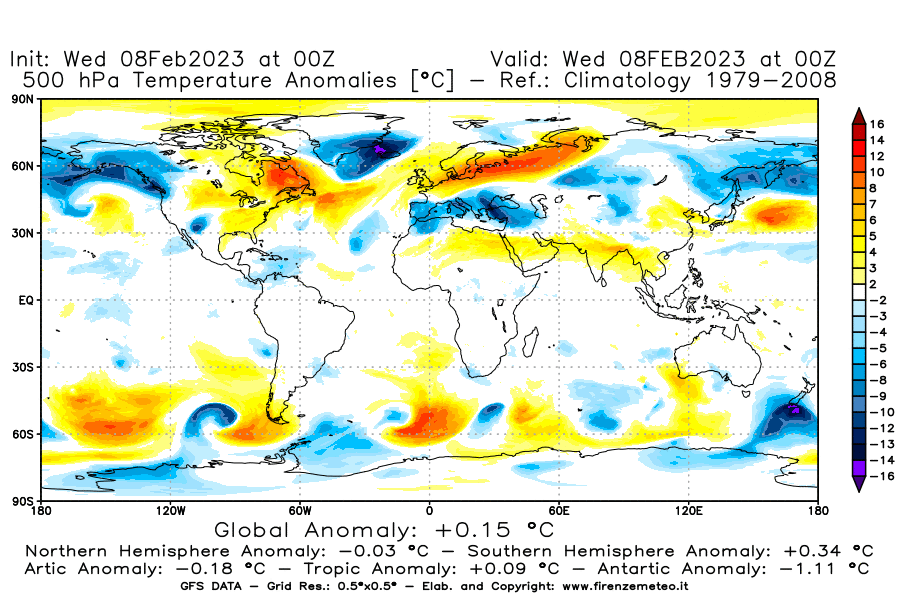 Mappa di analisi GFS - Anomalia Temperatura a 500 hPa in World
							del 8 febbraio 2023 z00