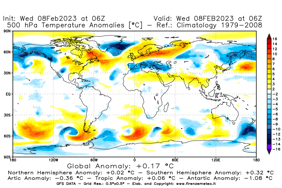 Mappa di analisi GFS - Anomalia Temperatura a 500 hPa in World
							del 8 febbraio 2023 z06