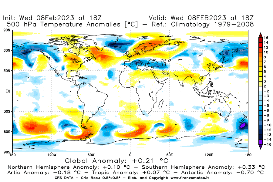 Mappa di analisi GFS - Anomalia Temperatura a 500 hPa in World
							del 8 febbraio 2023 z18