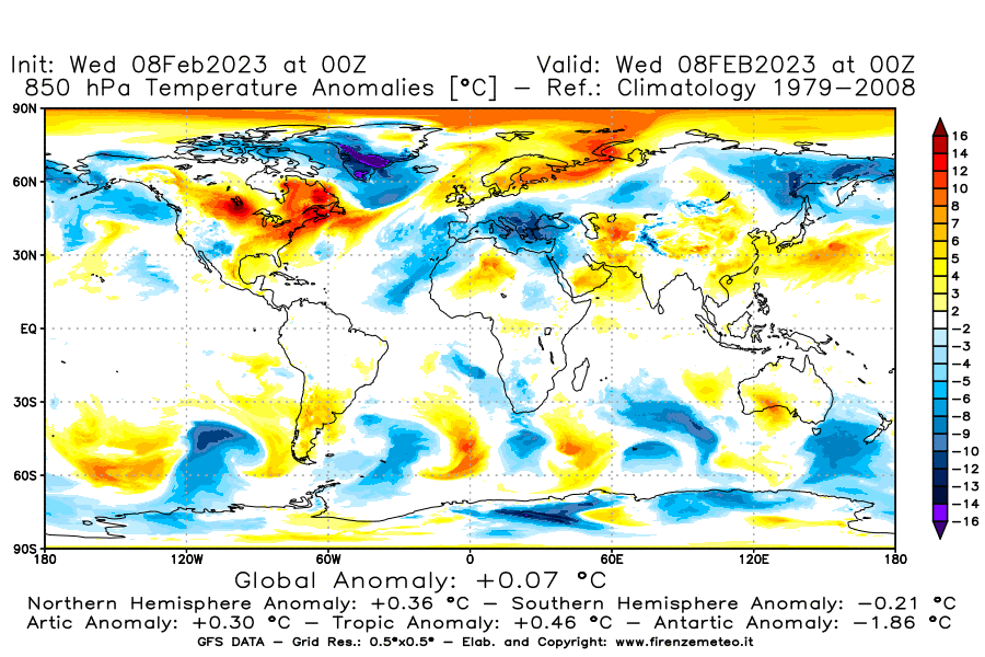 Mappa di analisi GFS - Anomalia Temperatura a 850 hPa in World
							del 8 febbraio 2023 z00