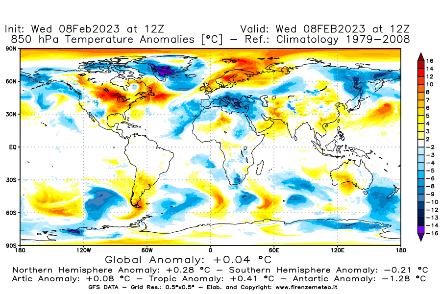 Mappa di analisi GFS - Anomalia Temperatura a 850 hPa in World
							del 8 febbraio 2023 z12