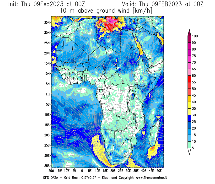 Mappa di analisi GFS - Velocità del vento a 10 metri dal suolo [km/h] in Africa
							del 09/02/2023 00 <!--googleoff: index-->UTC<!--googleon: index-->