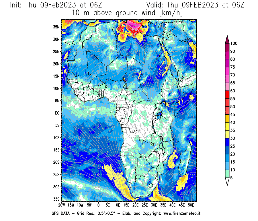 Mappa di analisi GFS - Velocità del vento a 10 metri dal suolo [km/h] in Africa
							del 09/02/2023 06 <!--googleoff: index-->UTC<!--googleon: index-->