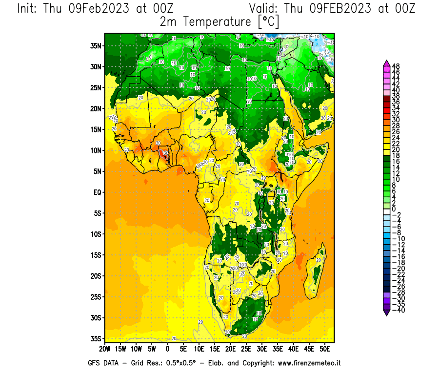 Mappa di analisi GFS - Temperatura a 2 metri dal suolo [°C] in Africa
							del 09/02/2023 00 <!--googleoff: index-->UTC<!--googleon: index-->