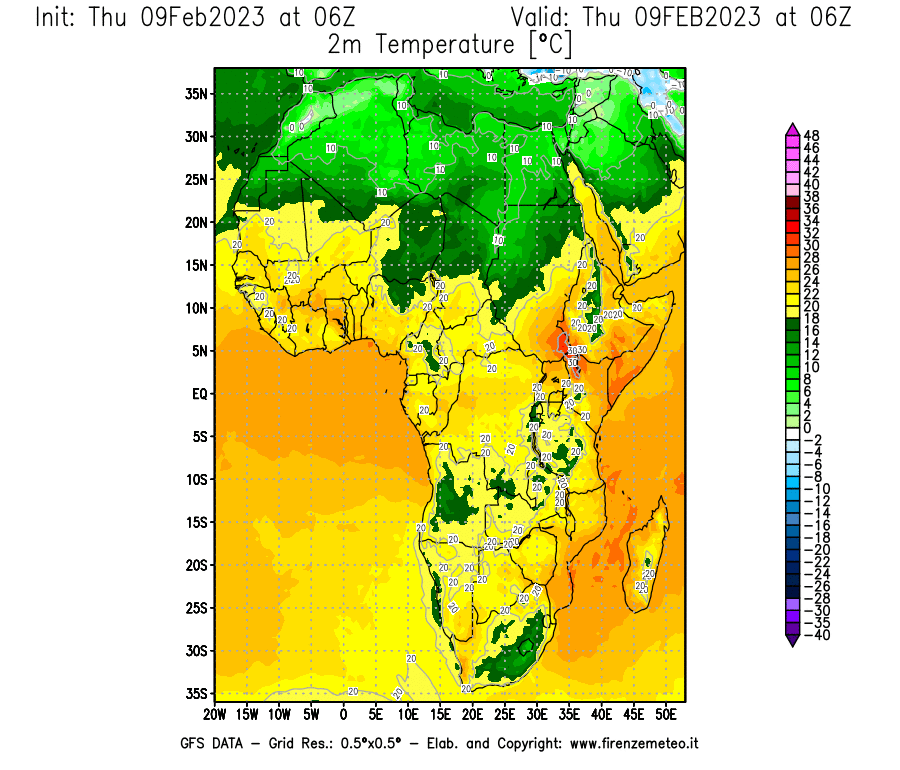 Mappa di analisi GFS - Temperatura a 2 metri dal suolo [°C] in Africa
							del 09/02/2023 06 <!--googleoff: index-->UTC<!--googleon: index-->