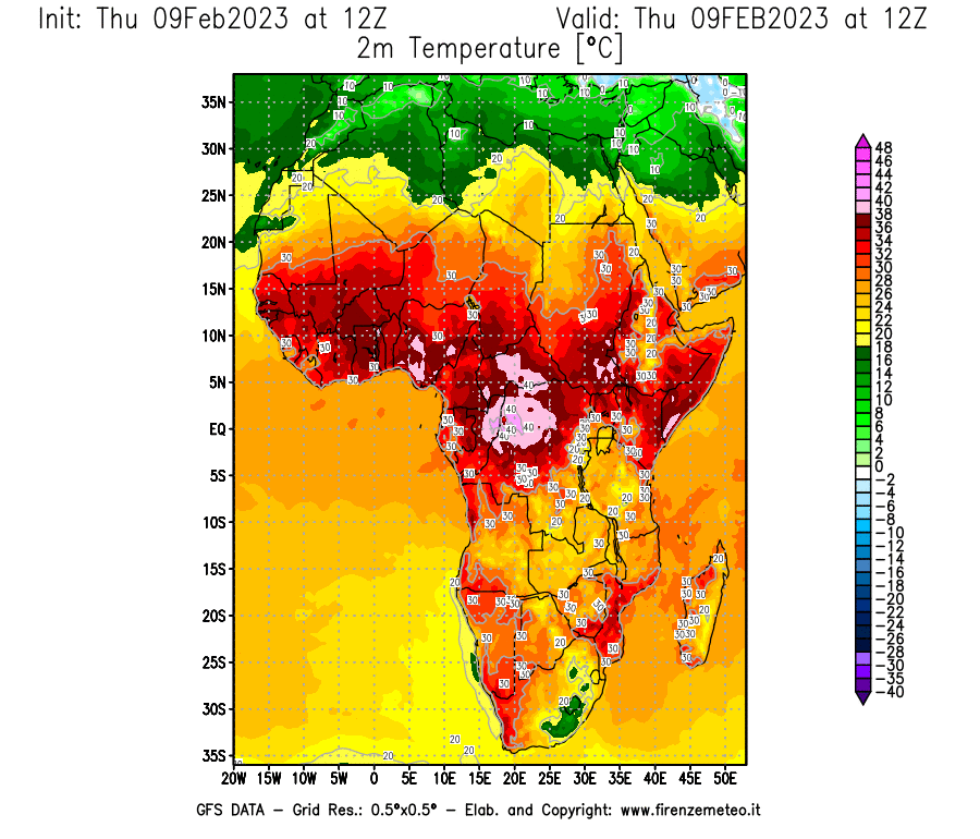 Mappa di analisi GFS - Temperatura a 2 metri dal suolo [°C] in Africa
							del 09/02/2023 12 <!--googleoff: index-->UTC<!--googleon: index-->