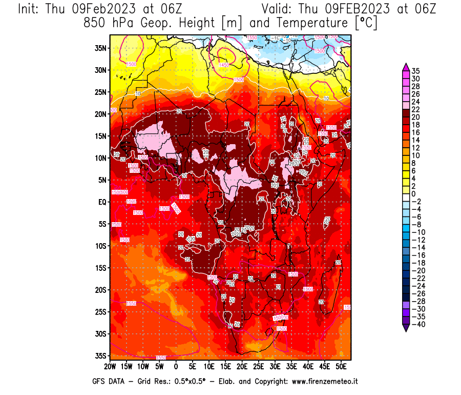 Mappa di analisi GFS - Geopotenziale [m] e Temperatura [°C] a 850 hPa in Africa
							del 09/02/2023 06 <!--googleoff: index-->UTC<!--googleon: index-->