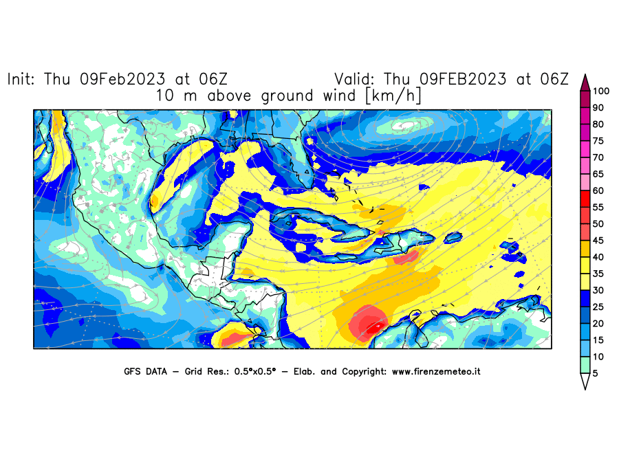 Mappa di analisi GFS - Velocità del vento a 10 metri dal suolo [km/h] in Centro-America
							del 09/02/2023 06 <!--googleoff: index-->UTC<!--googleon: index-->
