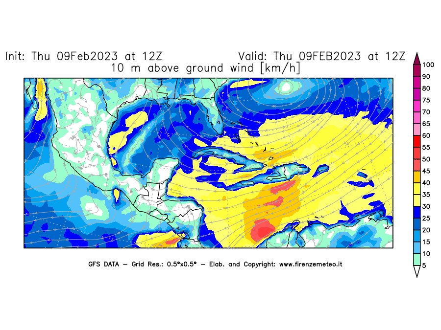 Mappa di analisi GFS - Velocità del vento a 10 metri dal suolo [km/h] in Centro-America
							del 09/02/2023 12 <!--googleoff: index-->UTC<!--googleon: index-->