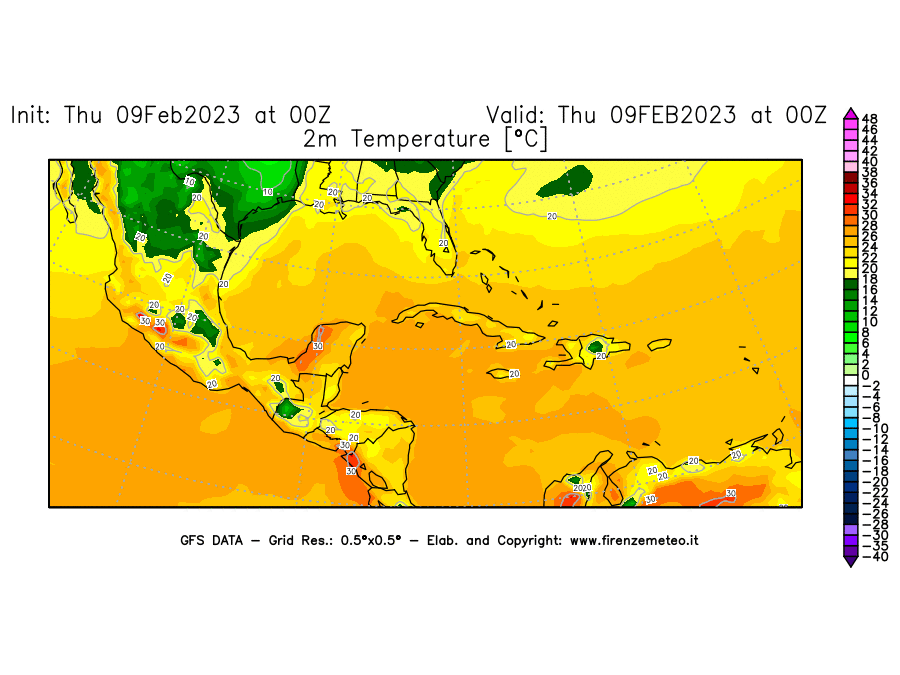 Mappa di analisi GFS - Temperatura a 2 metri dal suolo [°C] in Centro-America
							del 09/02/2023 00 <!--googleoff: index-->UTC<!--googleon: index-->