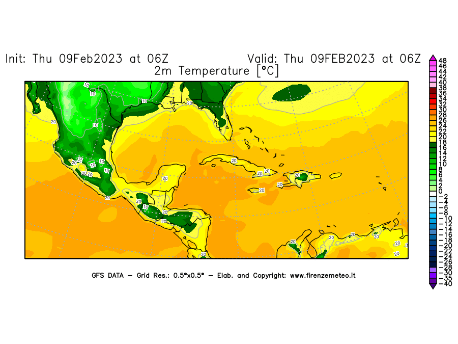 Mappa di analisi GFS - Temperatura a 2 metri dal suolo [°C] in Centro-America
							del 09/02/2023 06 <!--googleoff: index-->UTC<!--googleon: index-->