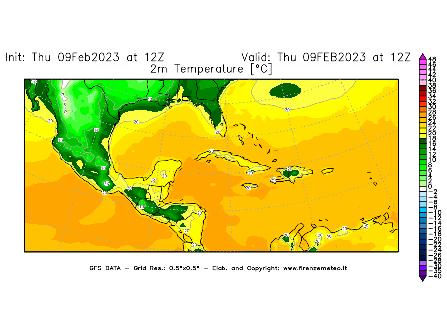 Mappa di analisi GFS - Temperatura a 2 metri dal suolo [°C] in Centro-America
							del 09/02/2023 12 <!--googleoff: index-->UTC<!--googleon: index-->