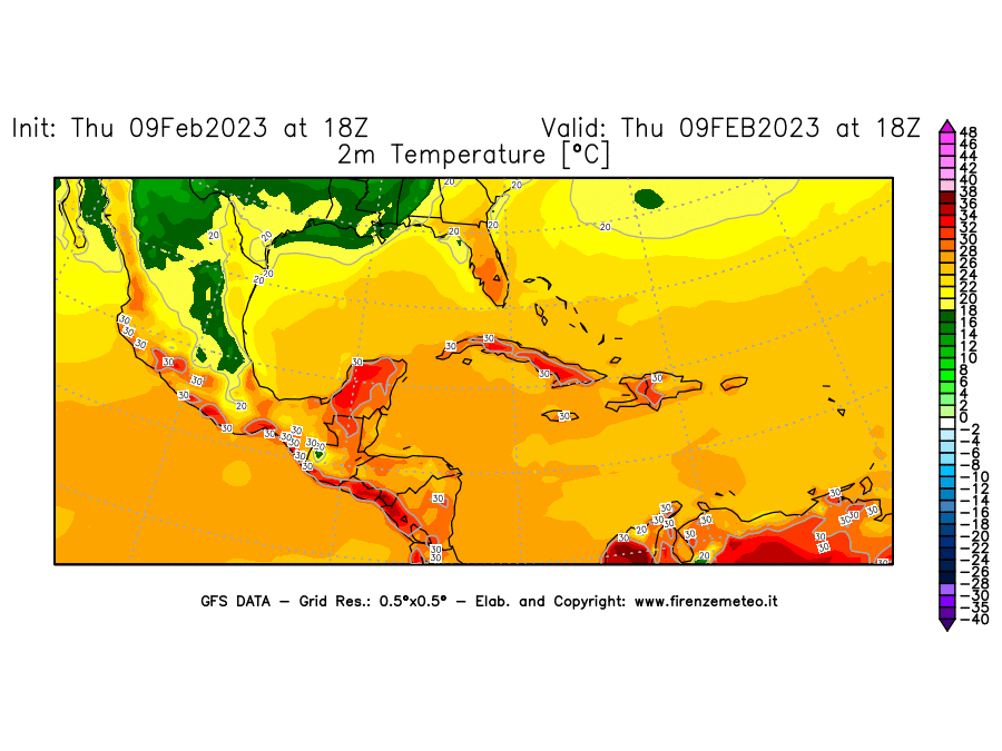 Mappa di analisi GFS - Temperatura a 2 metri dal suolo [°C] in Centro-America
							del 09/02/2023 18 <!--googleoff: index-->UTC<!--googleon: index-->