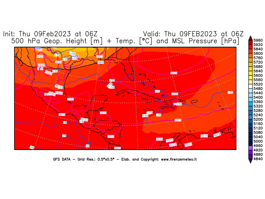 Mappa di analisi GFS - Geopotenziale [m] + Temp. [°C] a 500 hPa + Press. a livello del mare [hPa] in Centro-America
							del 09/02/2023 06 <!--googleoff: index-->UTC<!--googleon: index-->