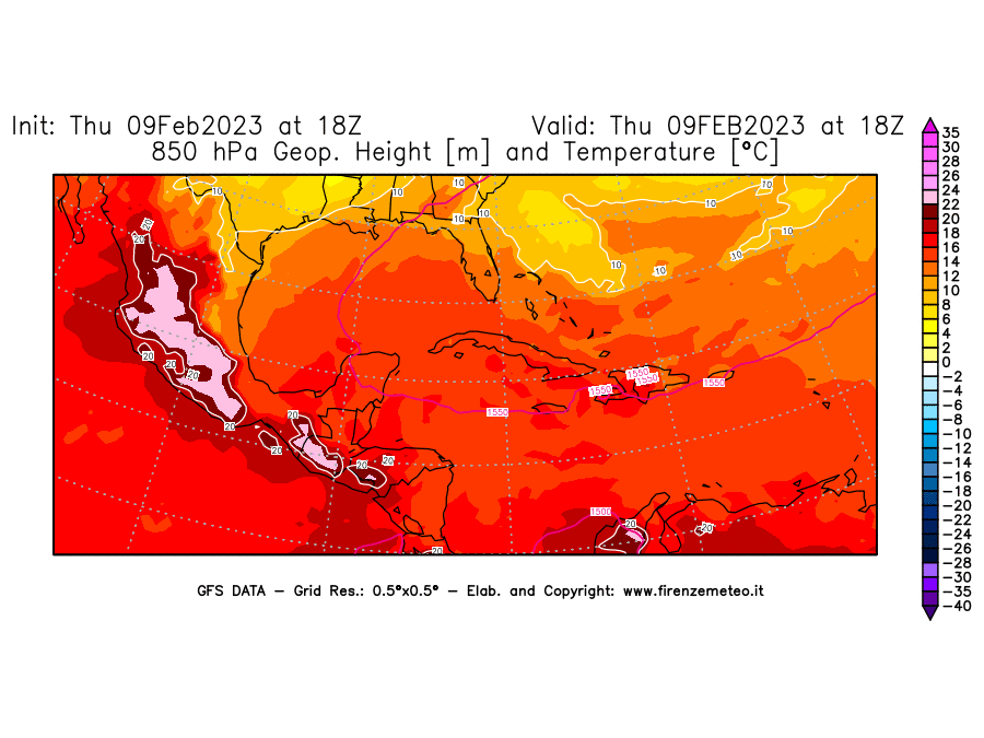 Mappa di analisi GFS - Geopotenziale [m] e Temperatura [°C] a 850 hPa in Centro-America
							del 09/02/2023 18 <!--googleoff: index-->UTC<!--googleon: index-->