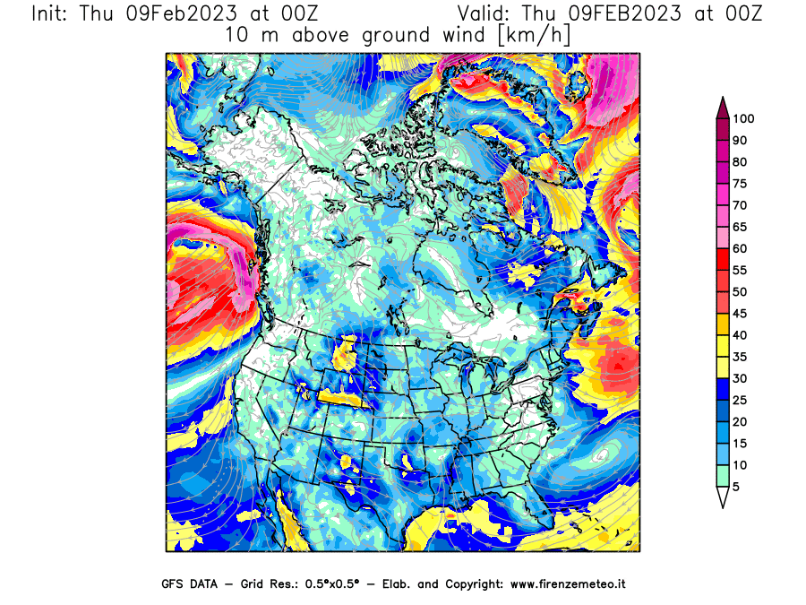 Mappa di analisi GFS - Velocità del vento a 10 metri dal suolo [km/h] in Nord-America
							del 09/02/2023 00 <!--googleoff: index-->UTC<!--googleon: index-->
