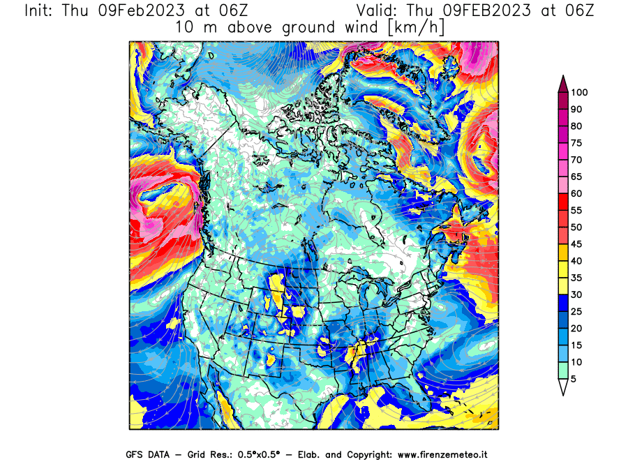 Mappa di analisi GFS - Velocità del vento a 10 metri dal suolo [km/h] in Nord-America
							del 09/02/2023 06 <!--googleoff: index-->UTC<!--googleon: index-->
