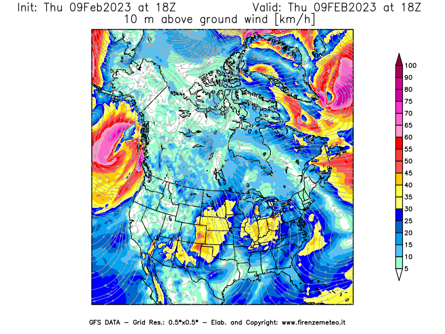 Mappa di analisi GFS - Velocità del vento a 10 metri dal suolo [km/h] in Nord-America
							del 09/02/2023 18 <!--googleoff: index-->UTC<!--googleon: index-->
