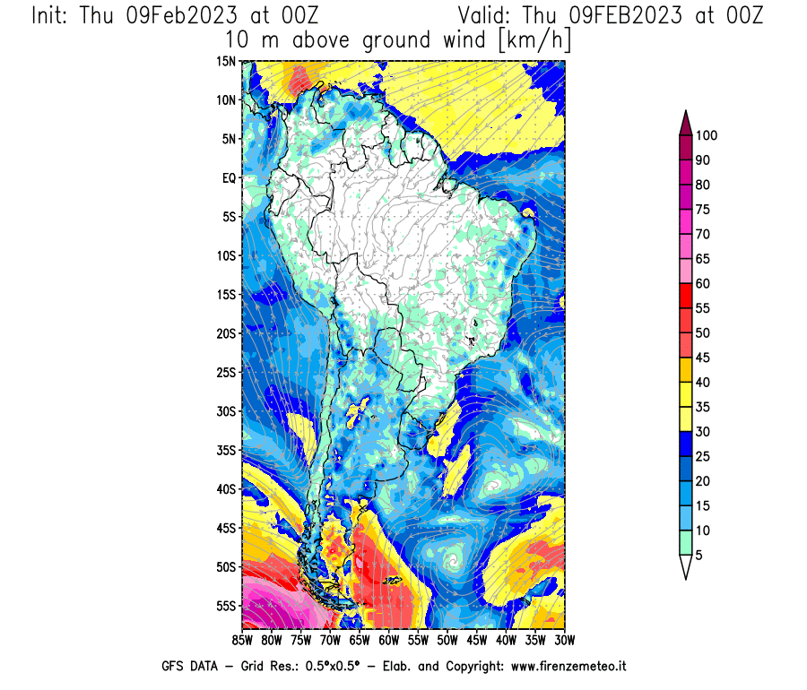 Mappa di analisi GFS - Velocità del vento a 10 metri dal suolo [km/h] in Sud-America
							del 09/02/2023 00 <!--googleoff: index-->UTC<!--googleon: index-->