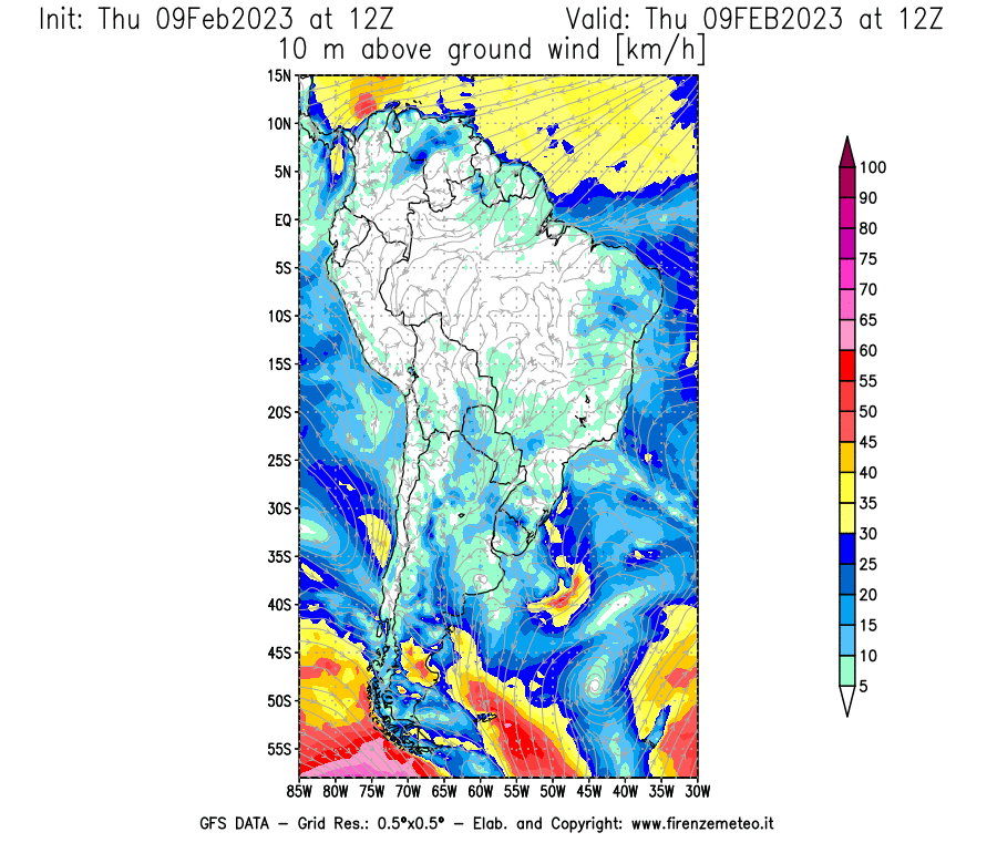 Mappa di analisi GFS - Velocità del vento a 10 metri dal suolo [km/h] in Sud-America
							del 09/02/2023 12 <!--googleoff: index-->UTC<!--googleon: index-->