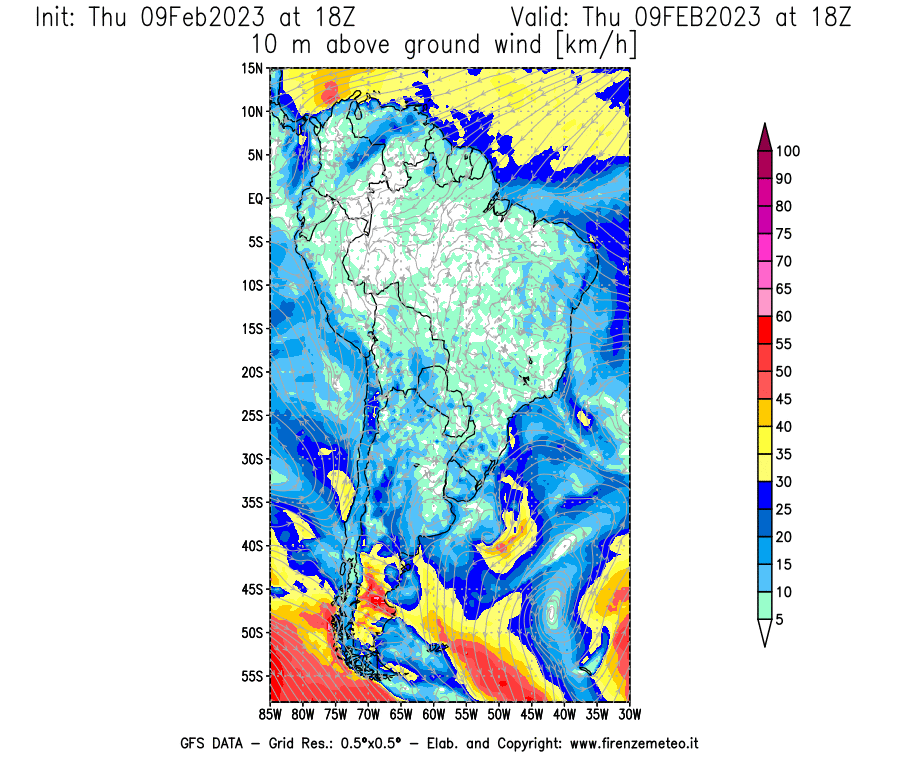 Mappa di analisi GFS - Velocità del vento a 10 metri dal suolo [km/h] in Sud-America
							del 09/02/2023 18 <!--googleoff: index-->UTC<!--googleon: index-->