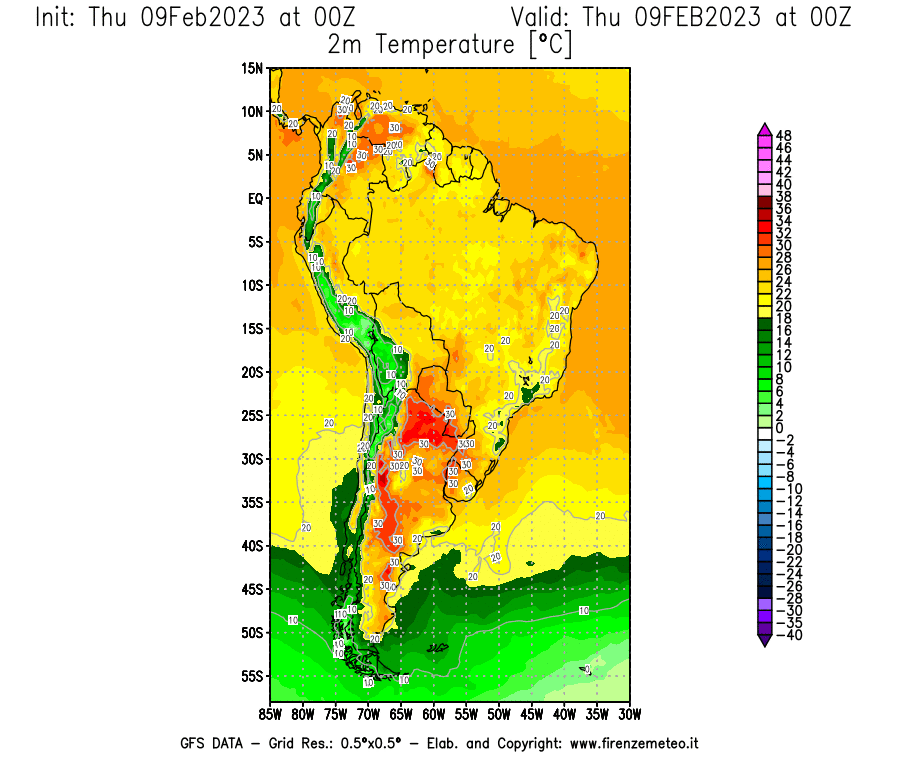 Mappa di analisi GFS - Temperatura a 2 metri dal suolo [°C] in Sud-America
							del 09/02/2023 00 <!--googleoff: index-->UTC<!--googleon: index-->