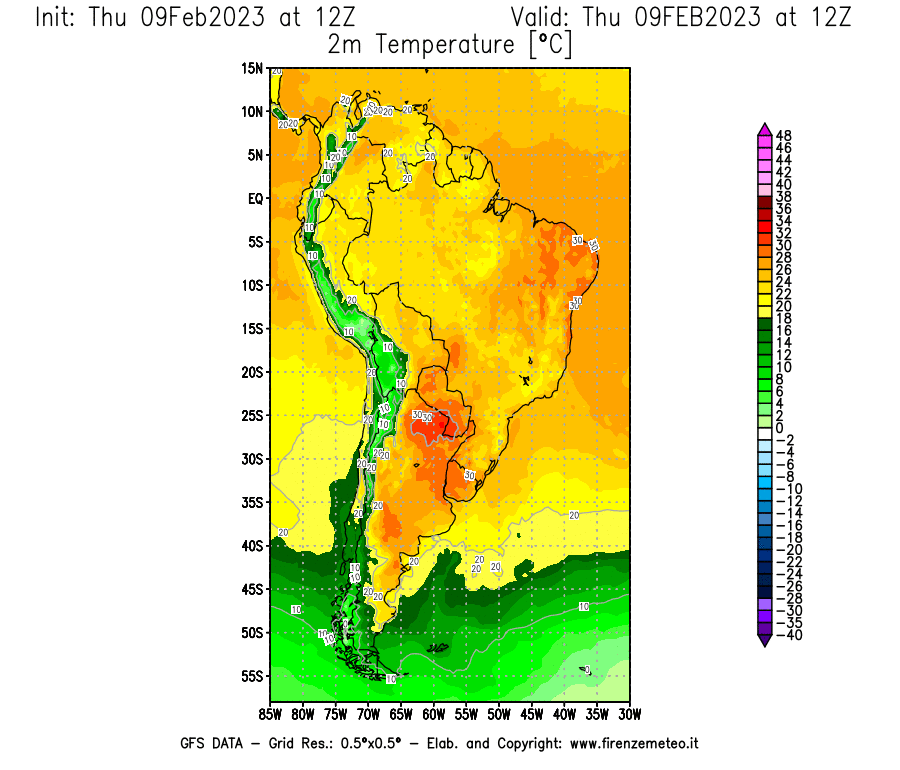 Mappa di analisi GFS - Temperatura a 2 metri dal suolo [°C] in Sud-America
							del 09/02/2023 12 <!--googleoff: index-->UTC<!--googleon: index-->
