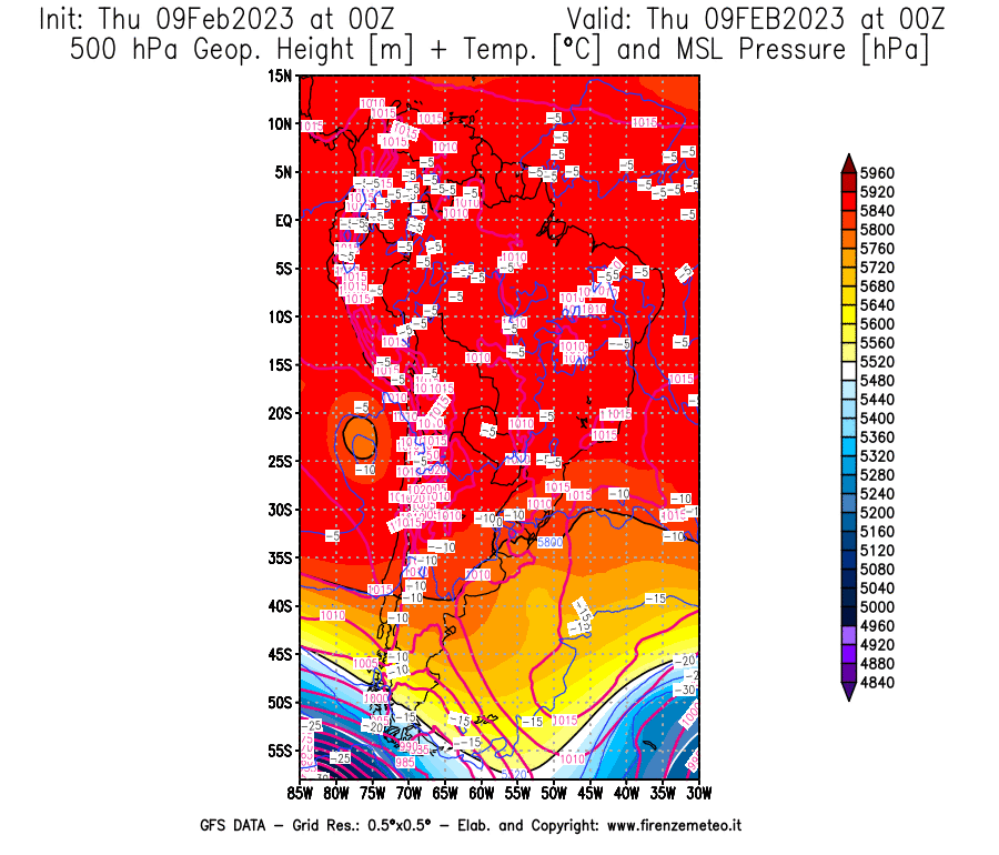 Mappa di analisi GFS - Geopotenziale [m] + Temp. [°C] a 500 hPa + Press. a livello del mare [hPa] in Sud-America
							del 09/02/2023 00 <!--googleoff: index-->UTC<!--googleon: index-->
