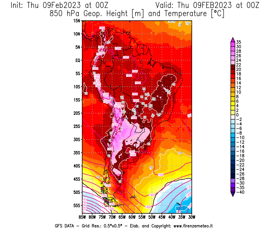 Mappa di analisi GFS - Geopotenziale [m] e Temperatura [°C] a 850 hPa in Sud-America
							del 09/02/2023 00 <!--googleoff: index-->UTC<!--googleon: index-->