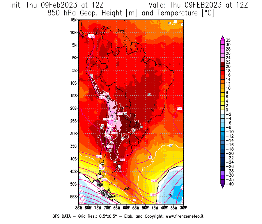Mappa di analisi GFS - Geopotenziale [m] e Temperatura [°C] a 850 hPa in Sud-America
							del 09/02/2023 12 <!--googleoff: index-->UTC<!--googleon: index-->