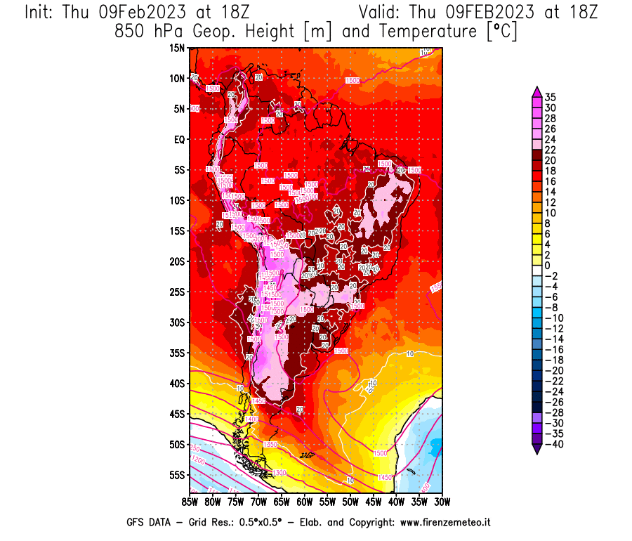Mappa di analisi GFS - Geopotenziale [m] e Temperatura [°C] a 850 hPa in Sud-America
							del 09/02/2023 18 <!--googleoff: index-->UTC<!--googleon: index-->