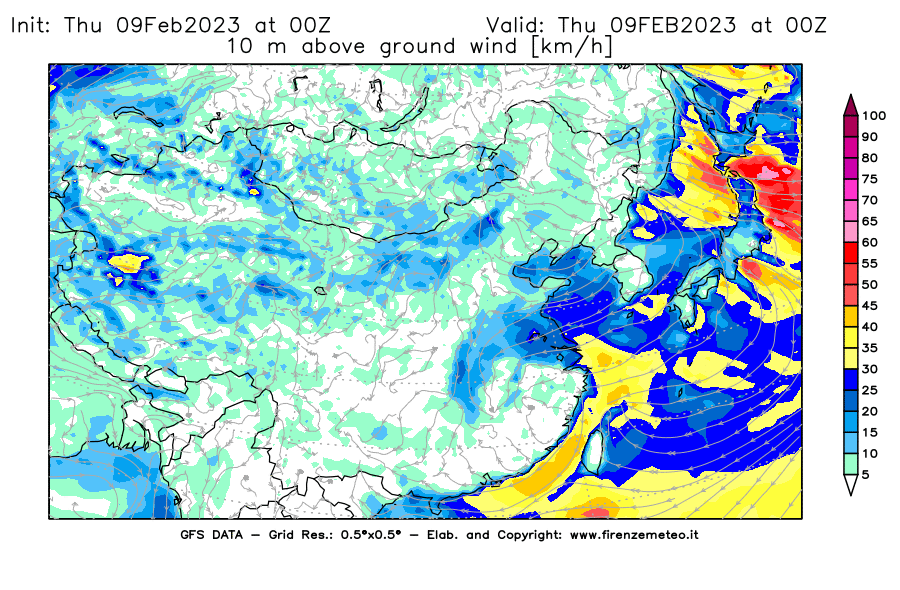 Mappa di analisi GFS - Velocità del vento a 10 metri dal suolo [km/h] in Asia Orientale
							del 09/02/2023 00 <!--googleoff: index-->UTC<!--googleon: index-->