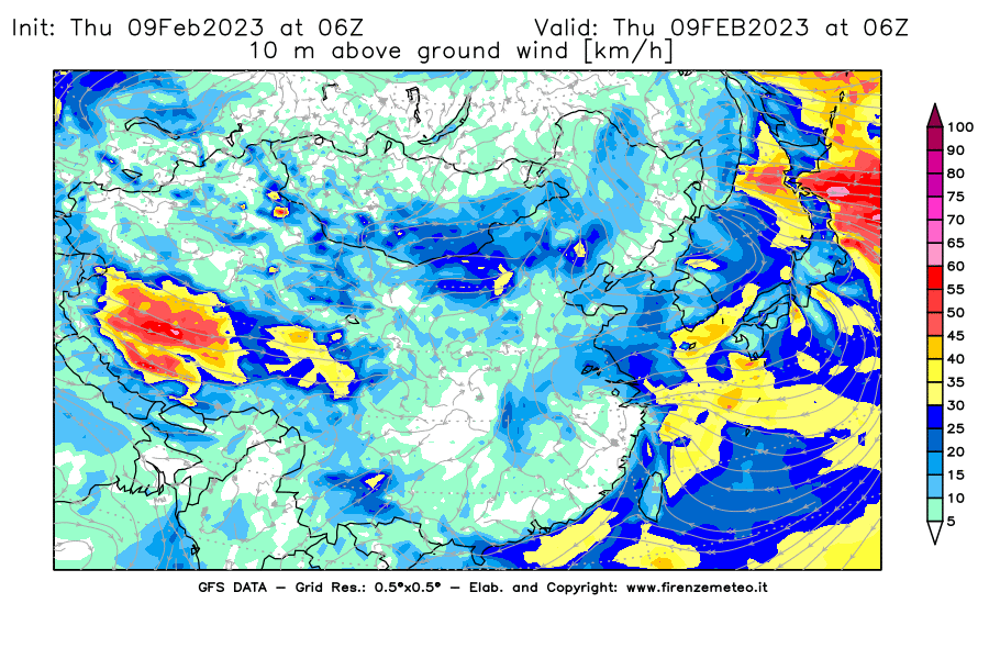 Mappa di analisi GFS - Velocità del vento a 10 metri dal suolo [km/h] in Asia Orientale
							del 09/02/2023 06 <!--googleoff: index-->UTC<!--googleon: index-->