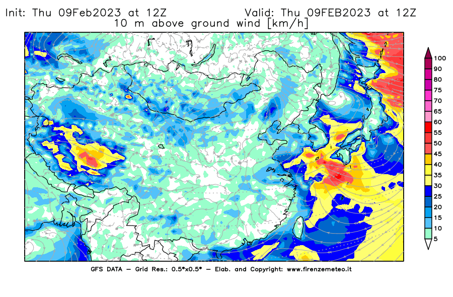 Mappa di analisi GFS - Velocità del vento a 10 metri dal suolo [km/h] in Asia Orientale
							del 09/02/2023 12 <!--googleoff: index-->UTC<!--googleon: index-->
