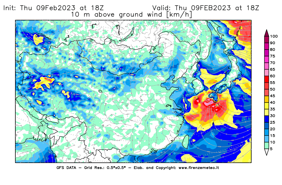 Mappa di analisi GFS - Velocità del vento a 10 metri dal suolo [km/h] in Asia Orientale
							del 09/02/2023 18 <!--googleoff: index-->UTC<!--googleon: index-->